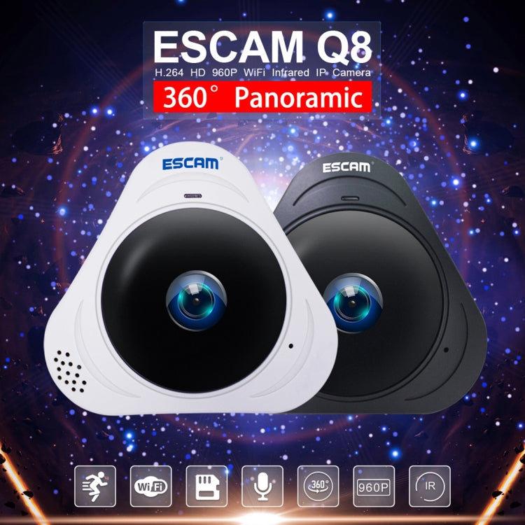 ESCAM Q8 960P 360 Degrees Fisheye Lens 1.3MP WiFi IP Camera, Support Motion Detection / Night Vision, IR Distance: 5-10m, AU Plug(White)