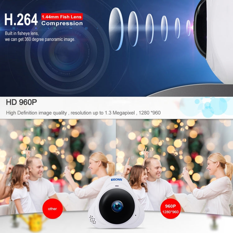 ESCAM Q8 960P 360 Degrees Fisheye Lens 1.3MP WiFi IP Camera, Support Motion Detection / Night Vision, IR Distance: 5-10m, EU Plug(White)