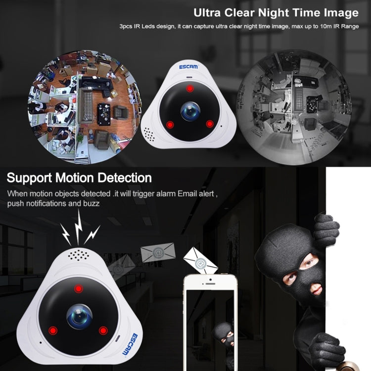 ESCAM Q8 960P 360 Degrees Fisheye Lens 1.3MP WiFi IP Camera, Support Motion Detection / Night Vision, IR Distance: 5-10m, US Plug(White)
