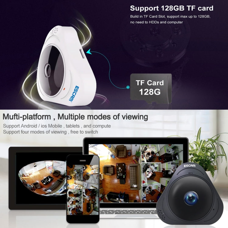 ESCAM Q8 960P 360 Degrees Fisheye Lens 1.3MP WiFi IP Camera, Support Motion Detection / Night Vision, IR Distance: 5-10m, US Plug(White)