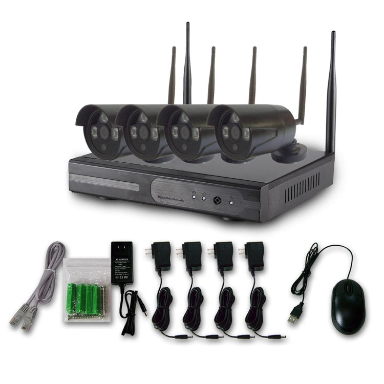 4CH HD 720P 1.0 Mega Pixel 2.4GHz WiFi IP Bullet Camera + NVR Kit (Black)