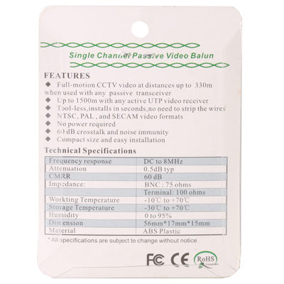 2 PCS UTP Network Video Balun CAT5 to Camera CCTV BNC DVR O-611(White)