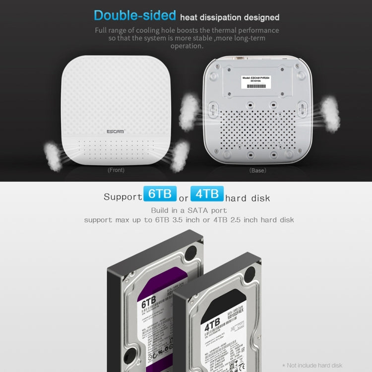 ESCAM PVR204 1080P 4CH+2CH ONVIF NVR Digital Video Recorder with 2CH Cloud Channel for IP Camera System (White)