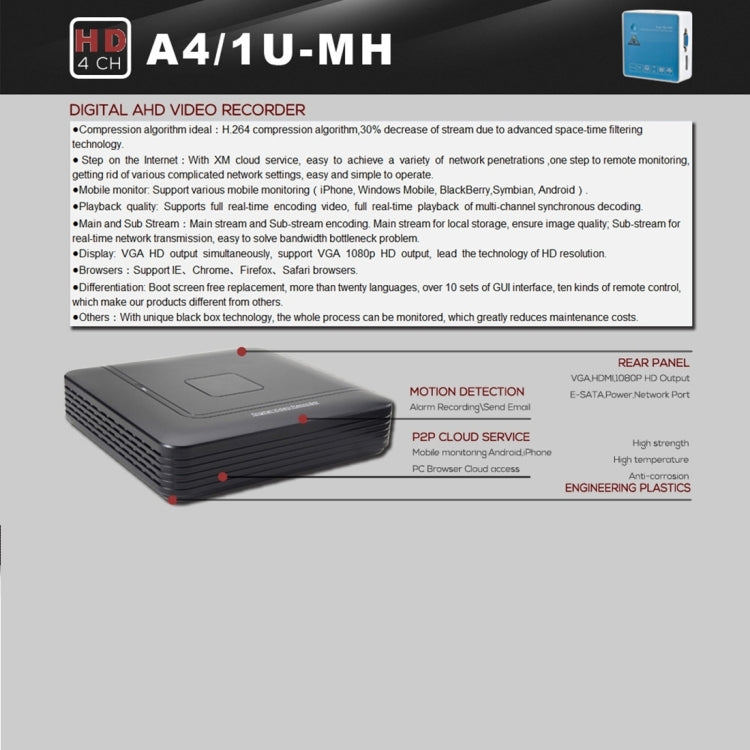 A4/1U-MS 1080N CE & RoHS Certificated 1 / 4 Previews Screen inch AHD DVR Digital Video Recorder