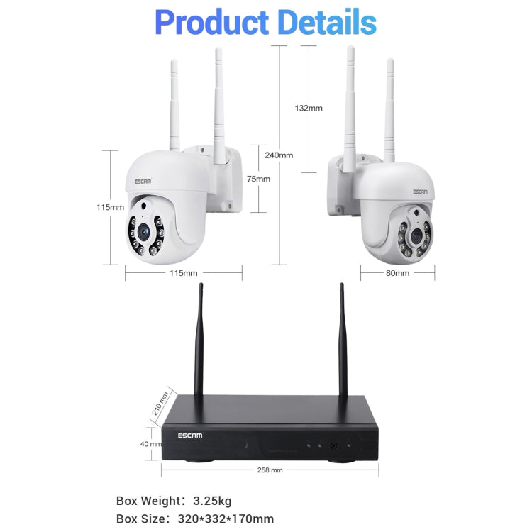 ESCAM WNK714 3.0 Million Pixels 4-channel HD Dome Camera NVR Wireless Monitoring Kit, EU Plug