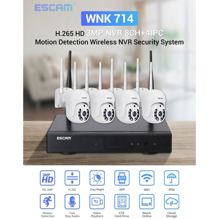 ESCAM WNK714 3.0 Million Pixels 4-channel HD Dome Camera NVR Wireless Monitoring Kit, US Plug