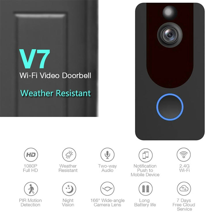 V7 Standard Edition 1080P Full HD Weather Resistant WiFi Security Home Monitor Intercom Smart Phone Video Doorbell without Dingdong Machine, Support Two-way Audio, PIR Motion Detection, Night Vision