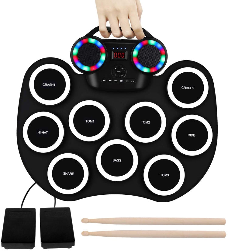 Portable Hand Roll Electronic Drum Flashing Light Bluetooth Drum(Black White)