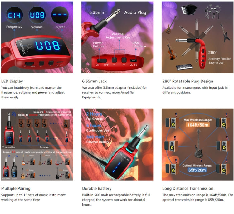 U12DX  6.35mm Jack Wireless Guitar Transmitter Receiver Rechargeable Adapter(Black)