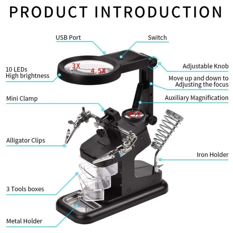 Desktop Multifunctional Chip Welding Repair Inspection Magnifying Glass with LED Light(Black)
