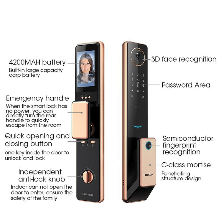 S61 Fully Automatic 3D Face Recognition Tuya Wifi Smart Fingerprint Lock Anti-theft Password Lock(Rose Gold)