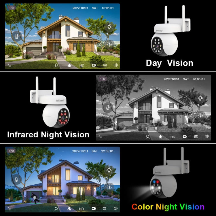 SriHome SH052 Wifi 5MP Wireless PTZ IP AI Auto Tracking Sound&Light Alarm Starlight Color Night Vision Outdoors Surveillance Camera, Plug: US