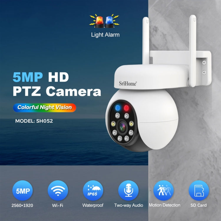 SriHome SH052 Wifi 5MP Wireless PTZ IP AI Auto Tracking Sound&Light Alarm Starlight Color Night Vision Outdoors Surveillance Camera, Plug: AU