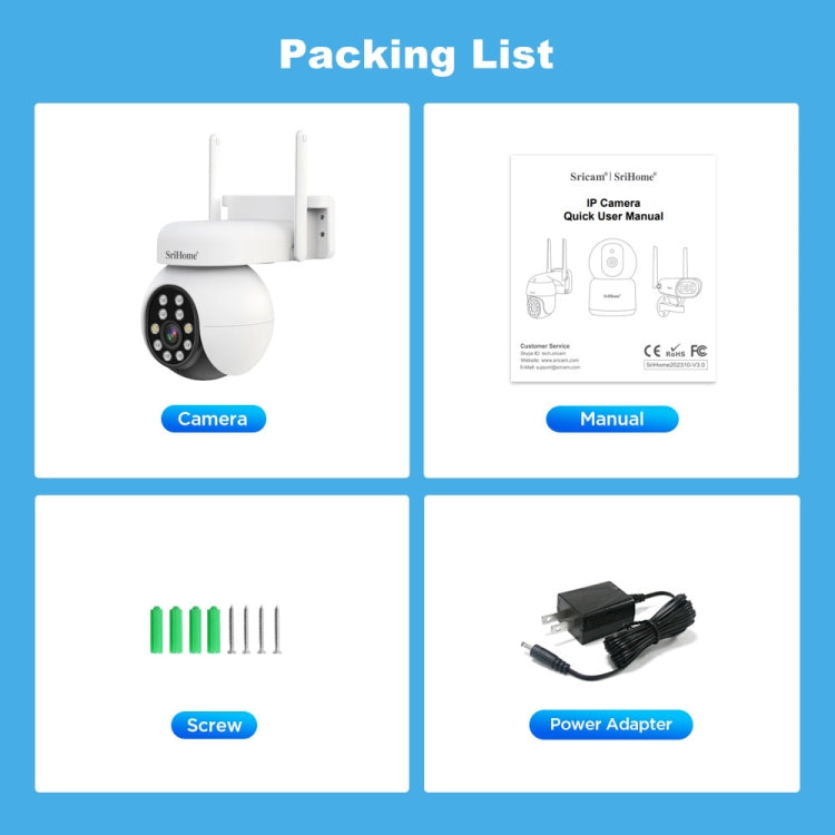 SriHome SH052 Wifi 5MP Wireless PTZ IP AI Auto Tracking Sound&Light Alarm Starlight Color Night Vision Outdoors Surveillance Camera, Plug: US