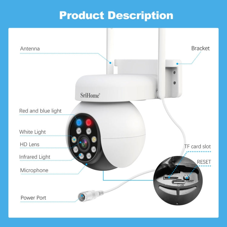 SriHome SH052 Wifi 5MP Wireless PTZ IP AI Auto Tracking Sound&Light Alarm Starlight Color Night Vision Outdoors Surveillance Camera, Plug: UK