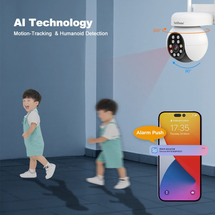 SriHome SH052 Wifi 5MP Wireless PTZ IP AI Auto Tracking Sound&Light Alarm Starlight Color Night Vision Outdoors Surveillance Camera, Plug: US