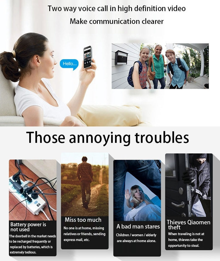 VESAFE Home VS-M2 HD 720P Security Camera Smart WiFi Video Doorbell Intercom, Support TF Card & Night Vision & PIR Detection APP for IOS and Android(Silver)