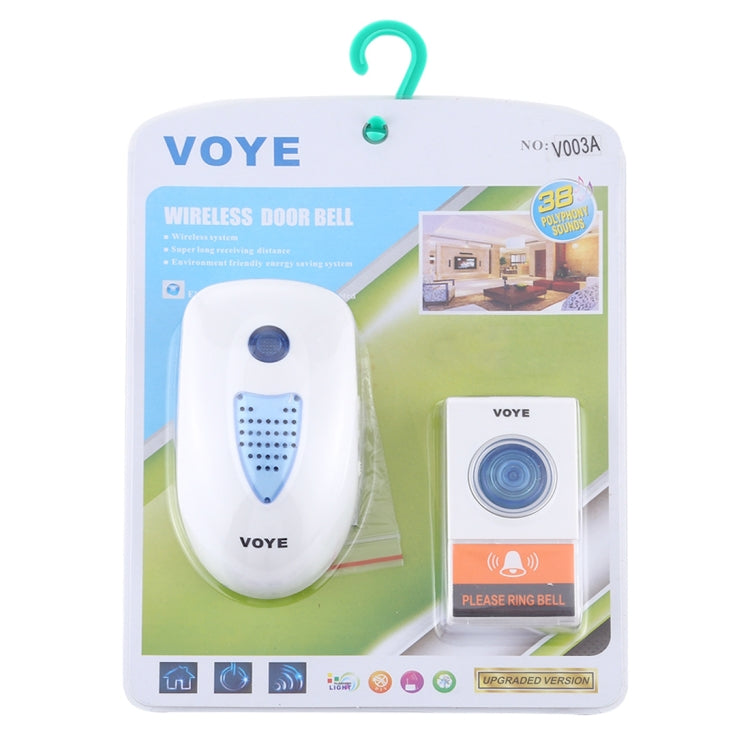 VOYE V003A Home Music Remote Control Wireless Doorbell with 38 Polyphony Sounds, US Plug (White)
