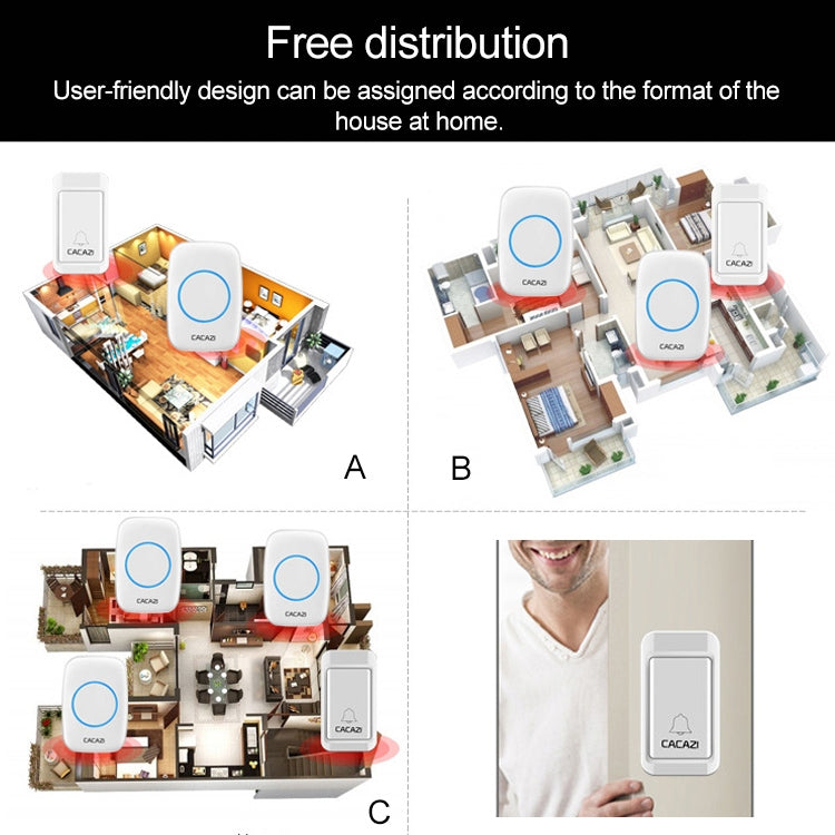 CACAZI A10G One Button Three Receivers Self-Powered Wireless Home Cordless Bell, US Plug(White)