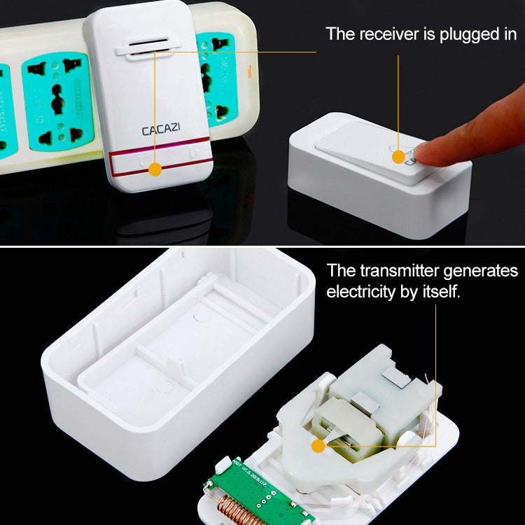 CACAZI V027G One Button Three Receivers Self-Powered Wireless Home Kinetic Electronic Doorbell, EU Plug