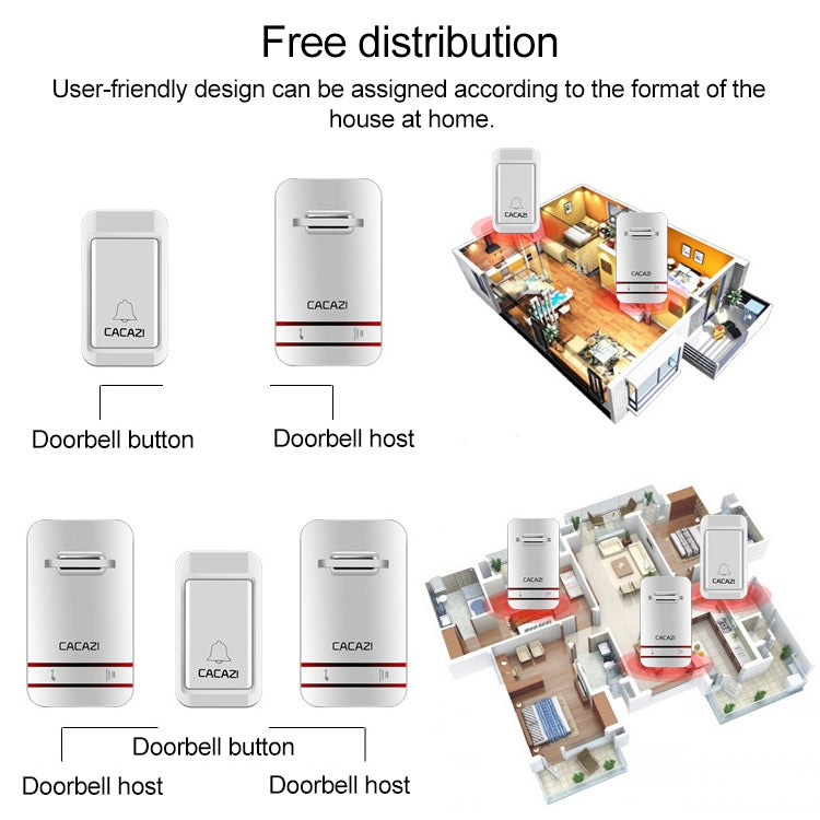 CACAZI V027G One Button Three Receivers Self-Powered Wireless Home Kinetic Electronic Doorbell, US Plug