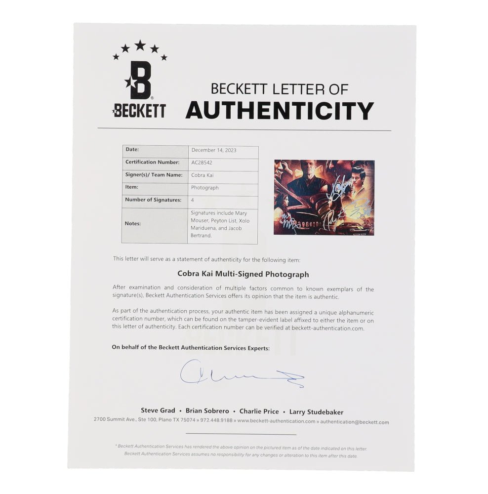 "Cobra Kai" 11x14 Photo Signed by (4) with Mary Mouser, Peyton List, Xolo Mariduena & Jacob Bertrand (Beckett)