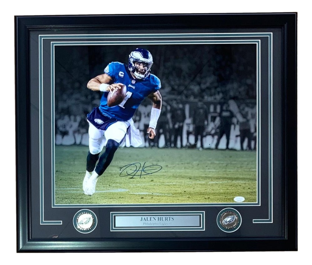 Jalen Hurts Signed Eagles Custom Framed Photo Display (JSA) JSA 22" by 27"