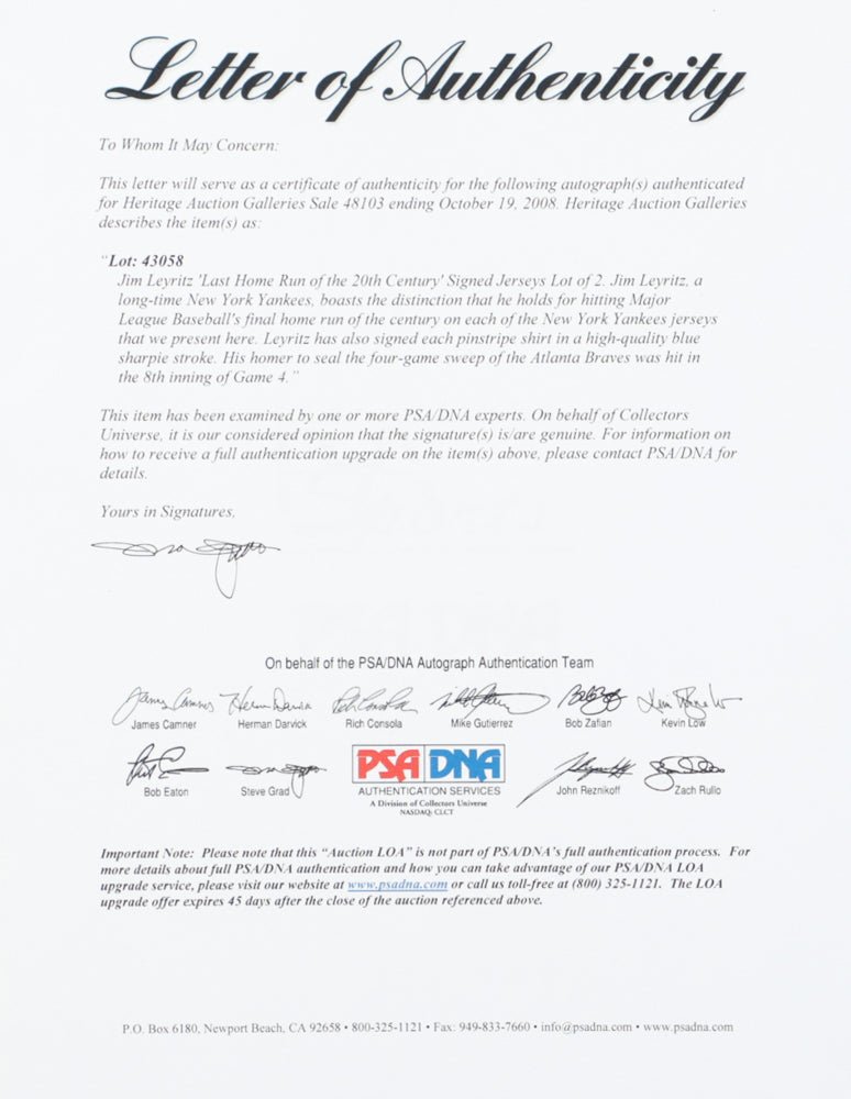 Jim Leyritz Signed Yankees Jersey With 1999 World Series Patch Inscribed "Last Home Run Of The 20th Century" (PSA & Goldin)