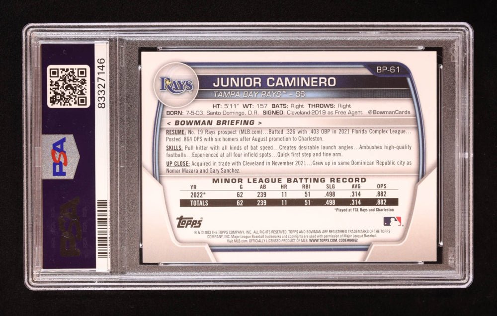 Junior Caminero Signed 2023 Bowman Prospects #BP61 RC (PSA) Rookie Card