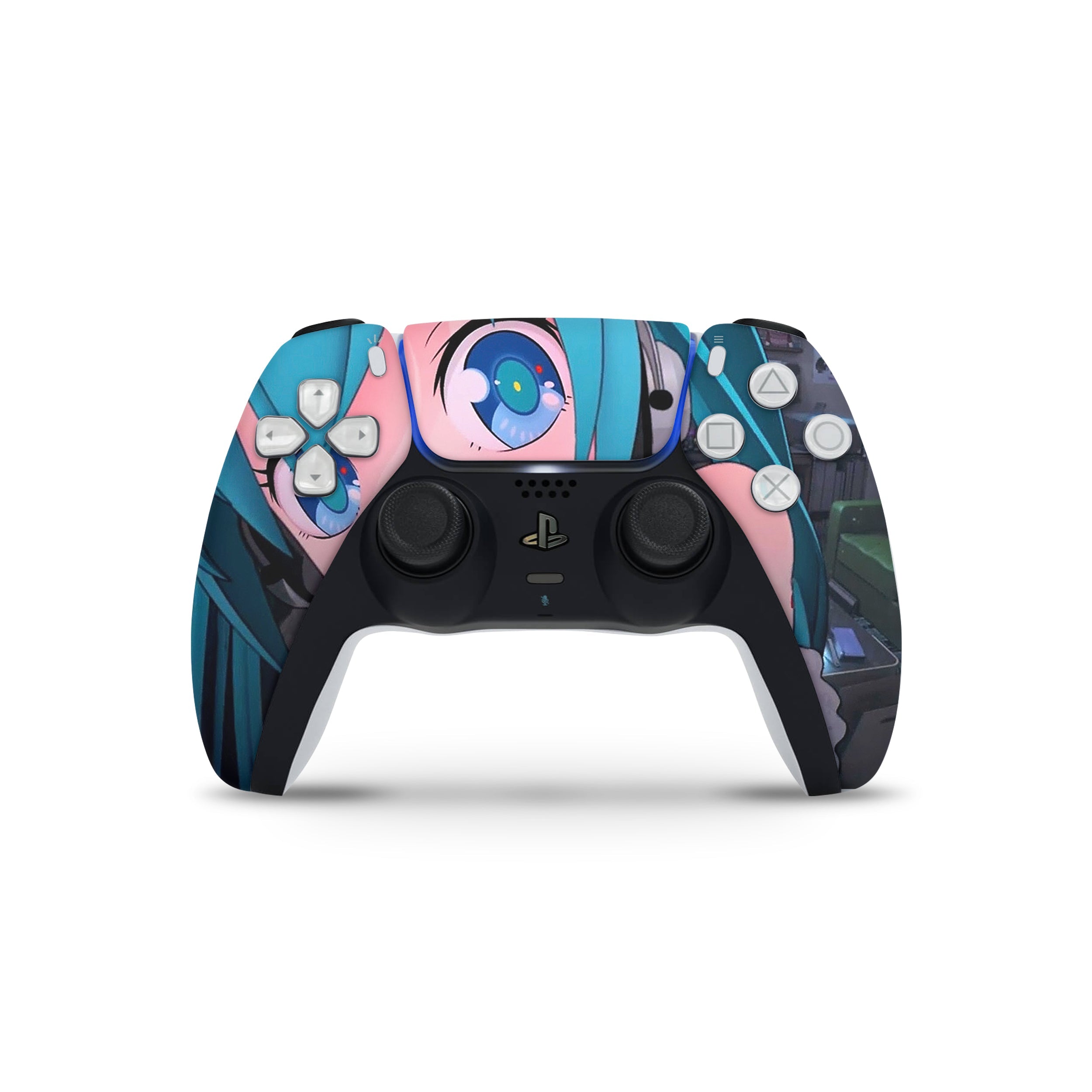 A video game skin featuring a Anime Blue Haired Girl design for the PS5 DualSense Controller.
