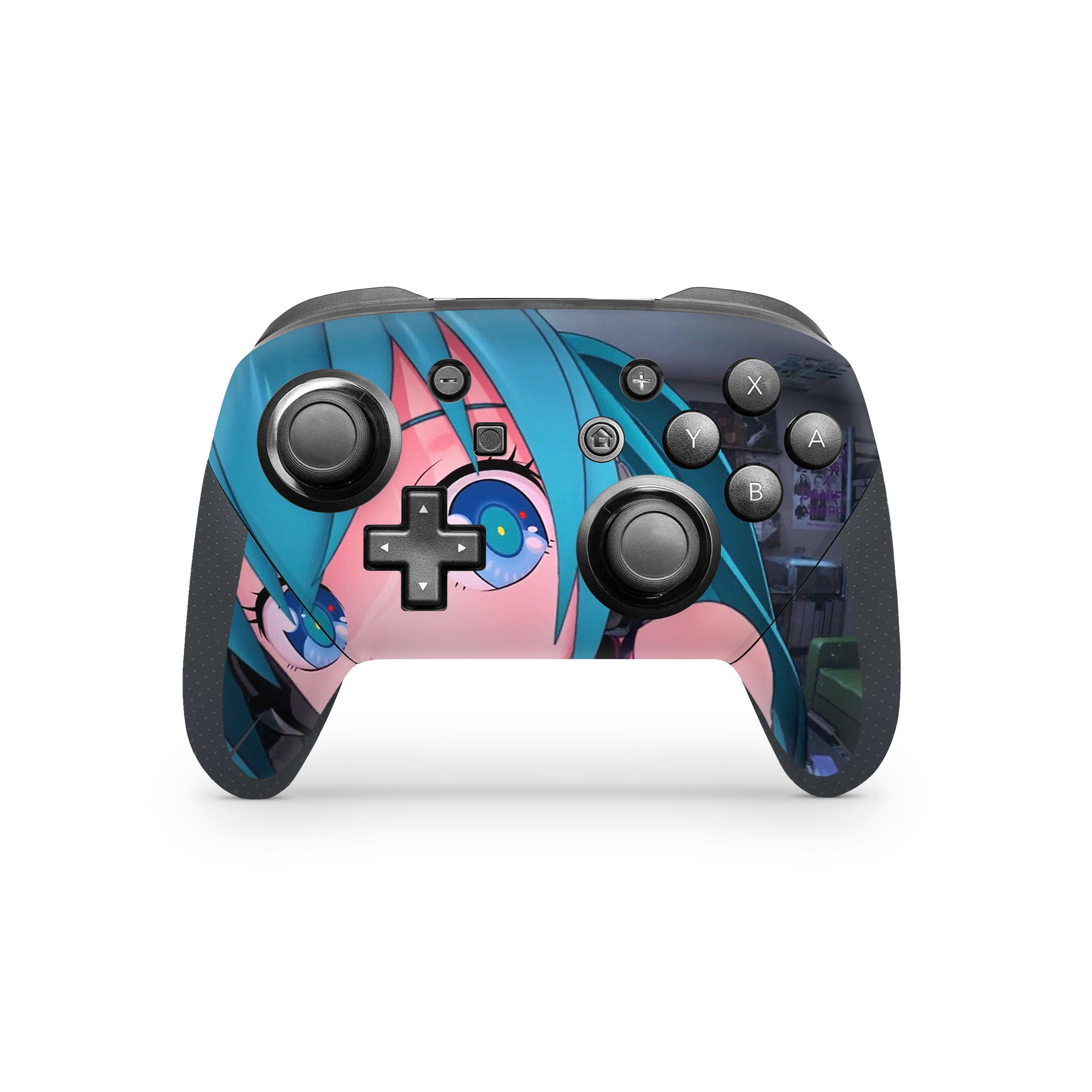 A video game skin featuring a Anime Blue Haired Girl design for the Switch Pro Controller.