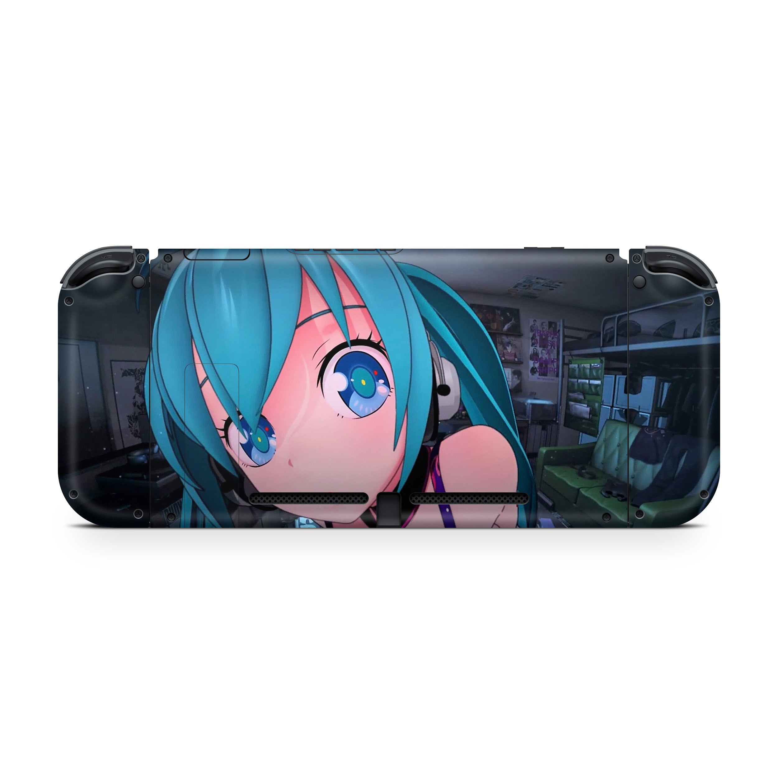 A video game skin featuring a Anime Blue Haired Girl design for the Nintendo Switch.