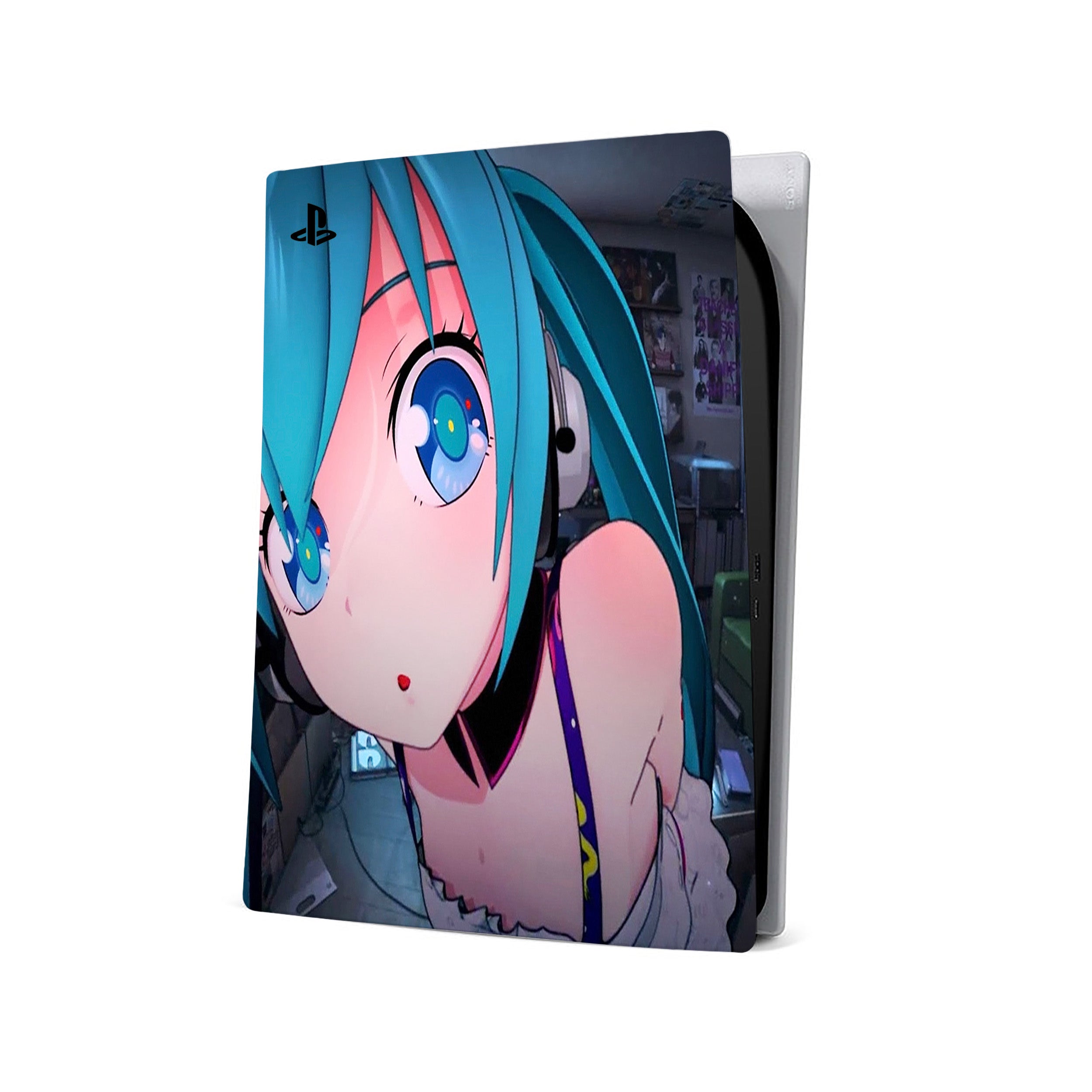 A video game skin featuring a Anime Blue Haired Girl design for the PS5.