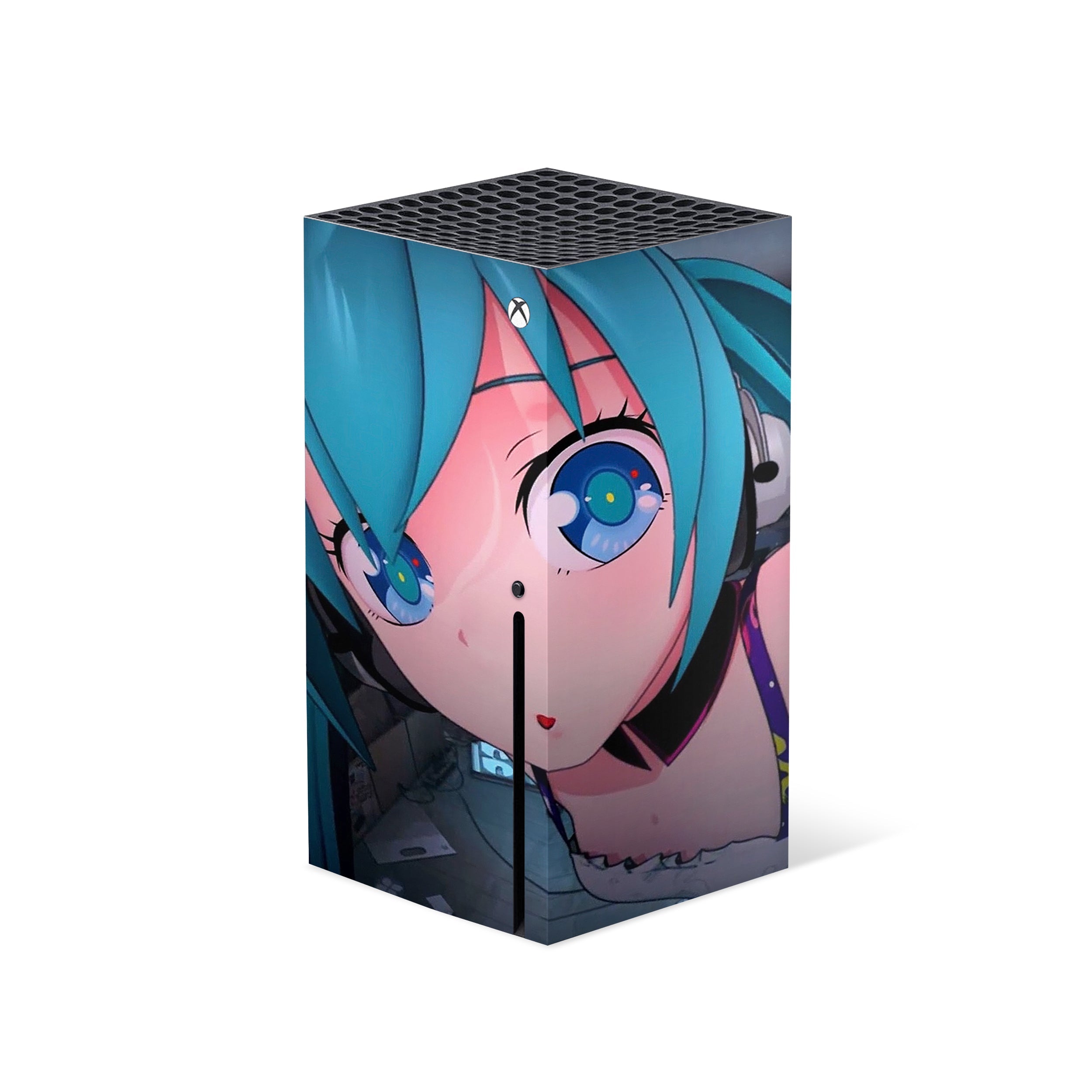 A video game skin featuring a Anime Blue Haired Girl design for the Xbox Series X.
