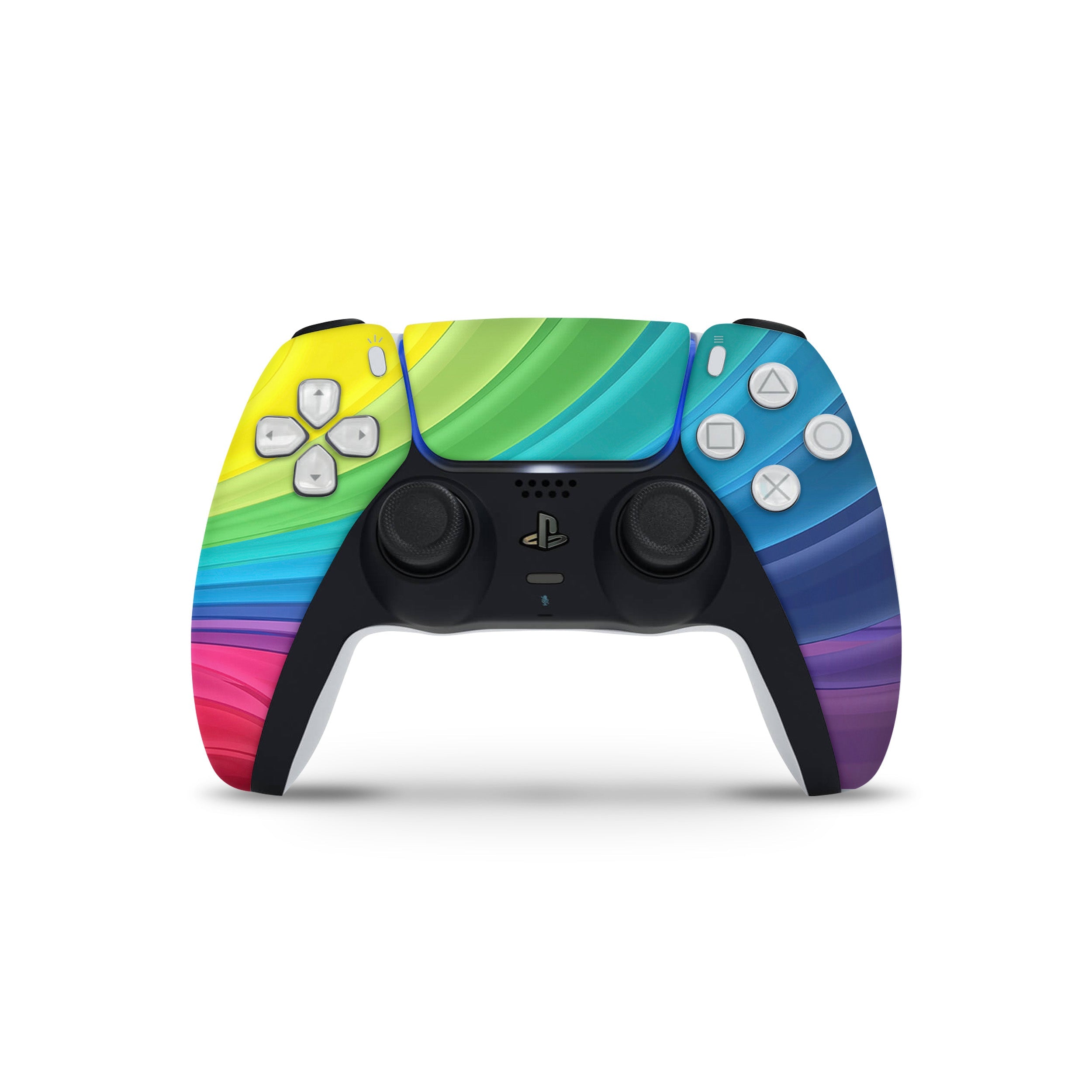 A video game skin featuring a Colorful Rainbow Swirl design for the PS5 DualSense Controller.