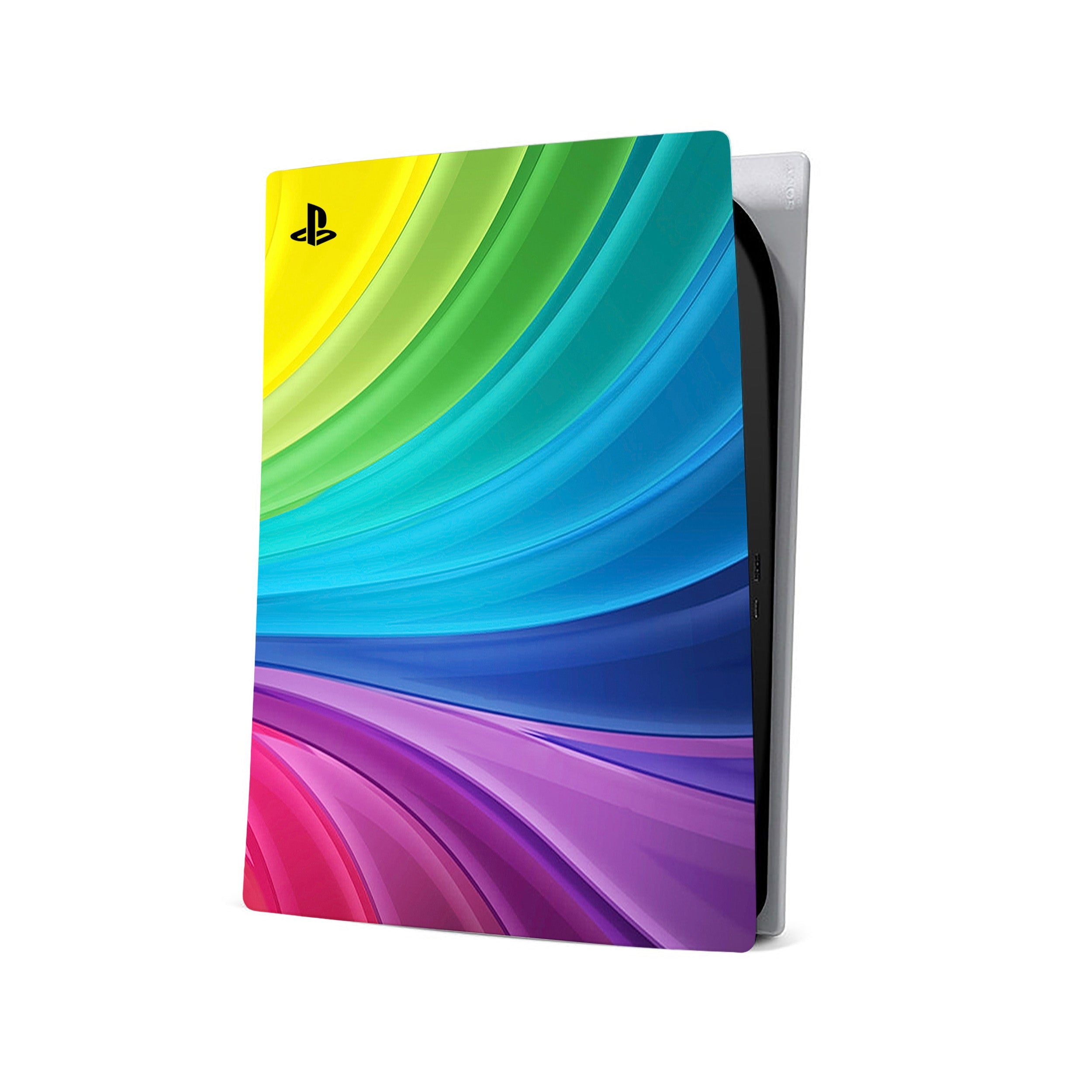 A video game skin featuring a Colorful Rainbow Swirl design for the PS5.