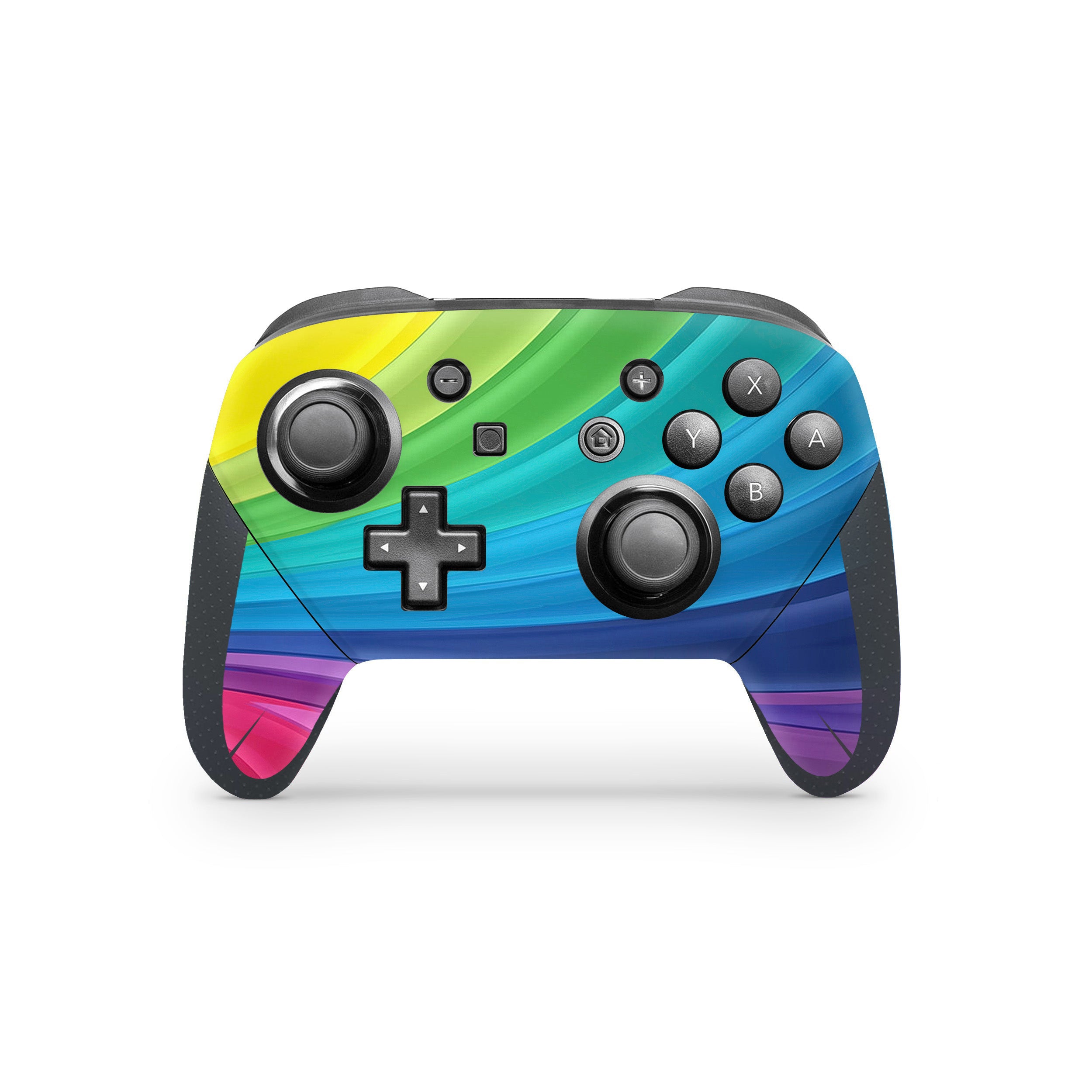 A video game skin featuring a Colorful Rainbow Swirl design for the Switch Pro Controller.