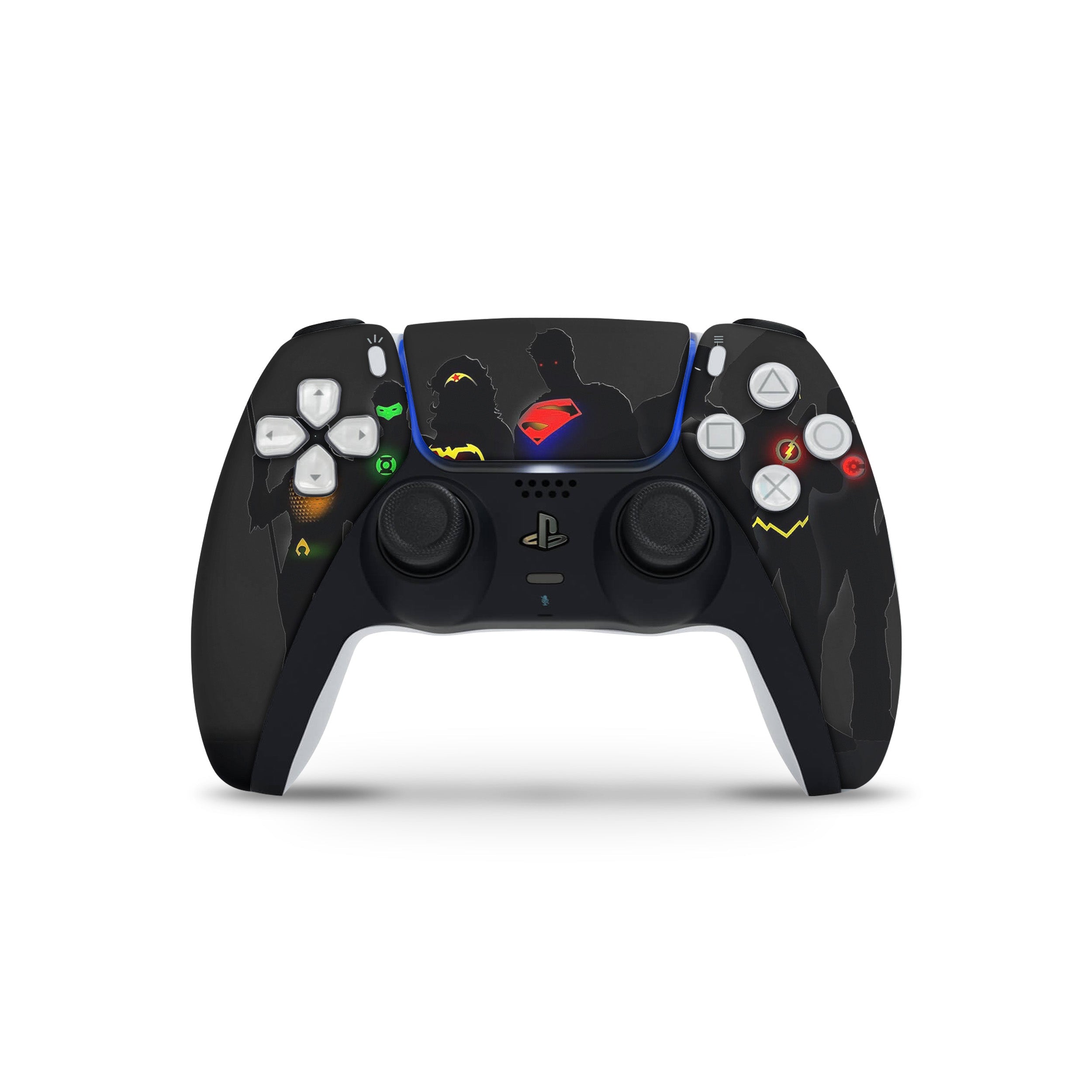 A video game skin featuring a DC Justice League design for the PS5 DualSense Controller.