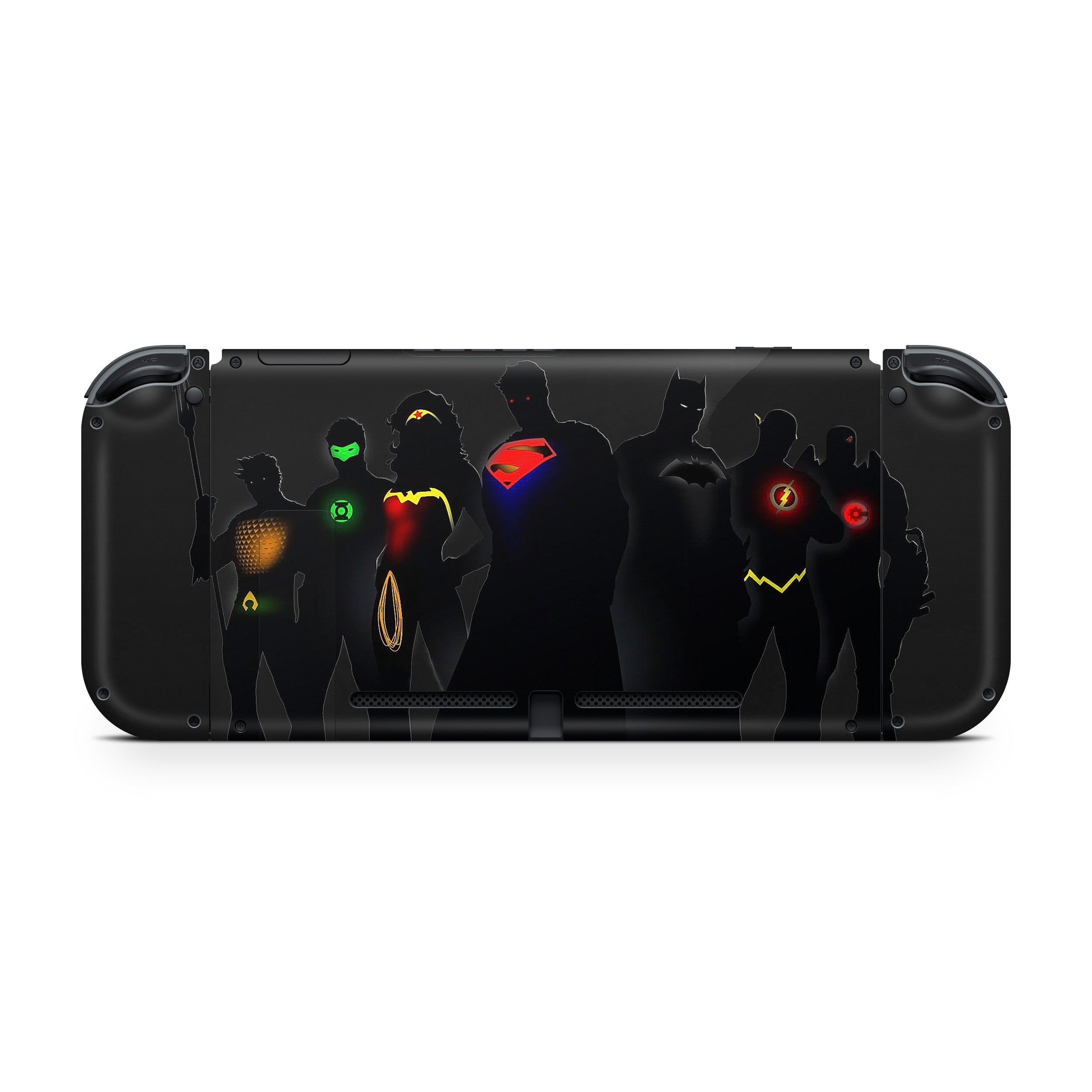 A video game skin featuring a DC Justice League design for the Nintendo Switch.