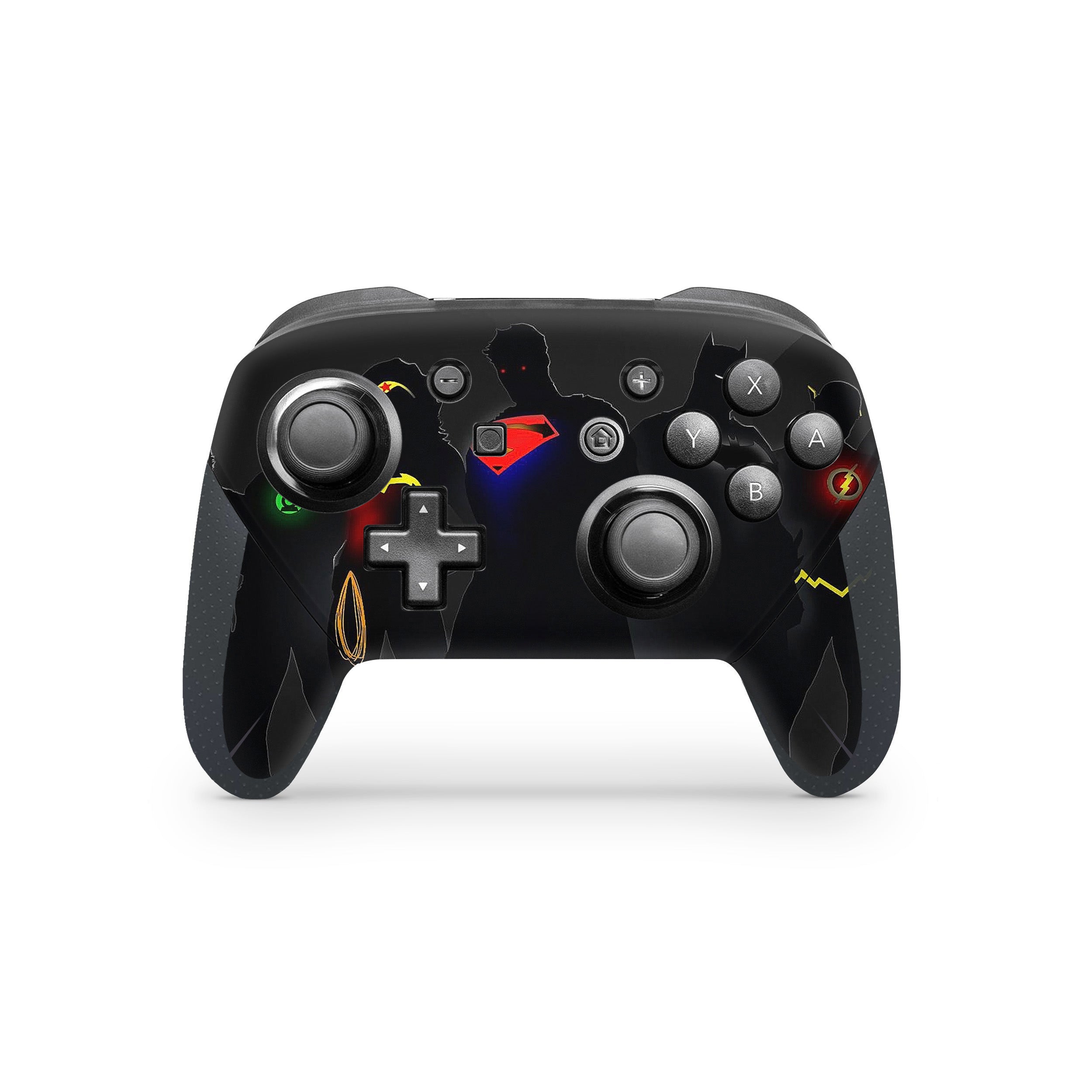 A video game skin featuring a DC Justice League design for the Switch Pro Controller.