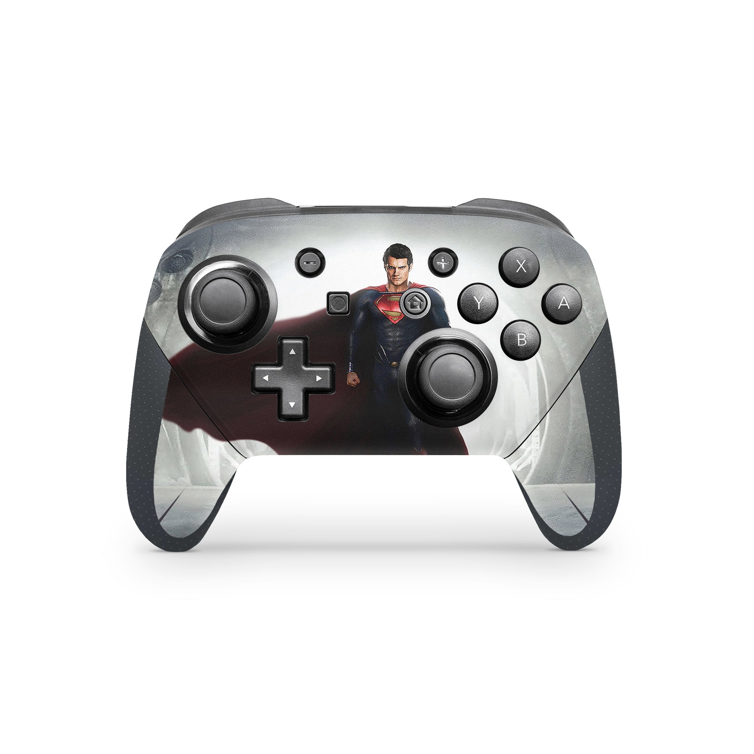 A video game skin featuring a DC Superman Man Of Steel design for the Switch Pro Controller.
