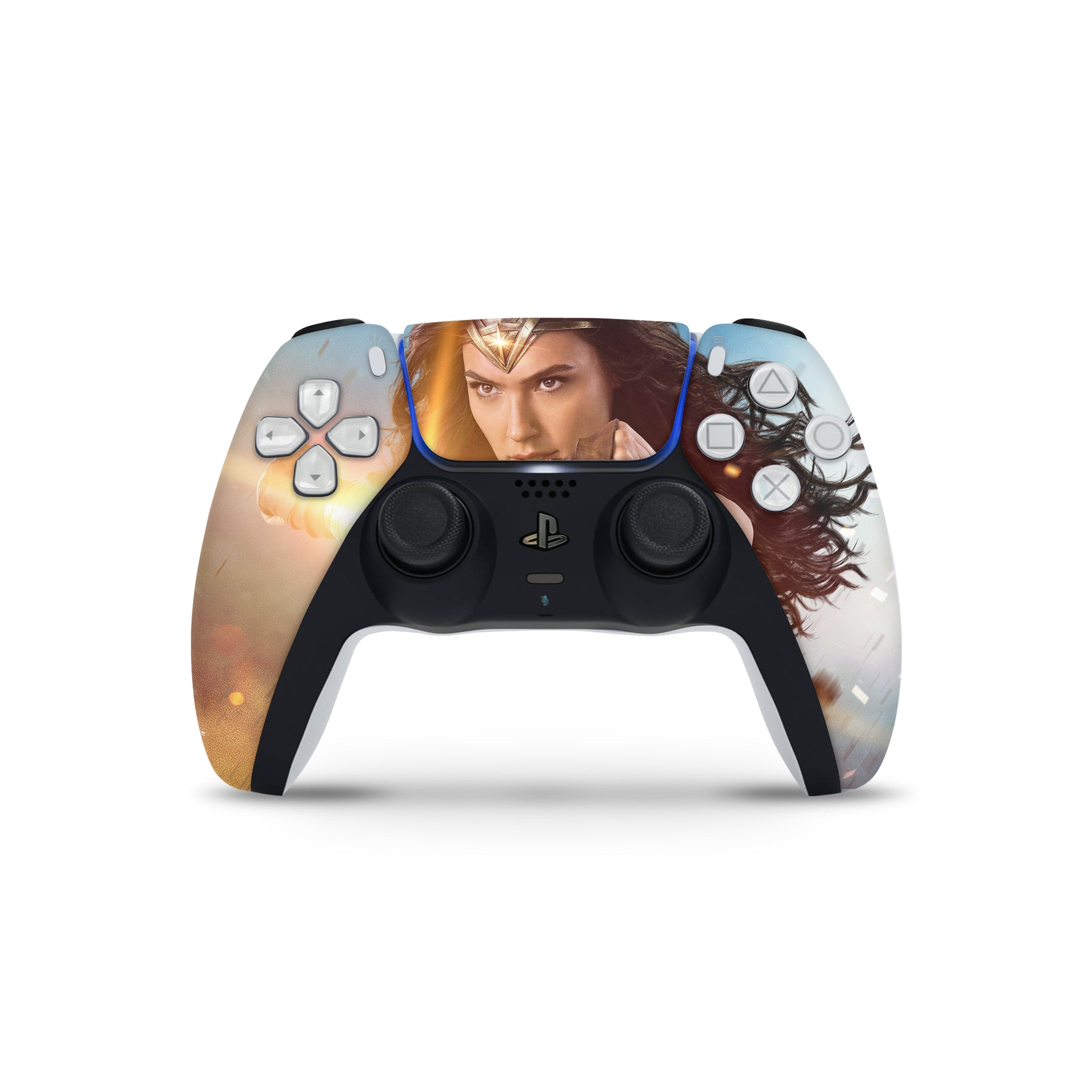 A video game skin featuring a DC Wonder Woman design for the PS5 DualSense Controller.
