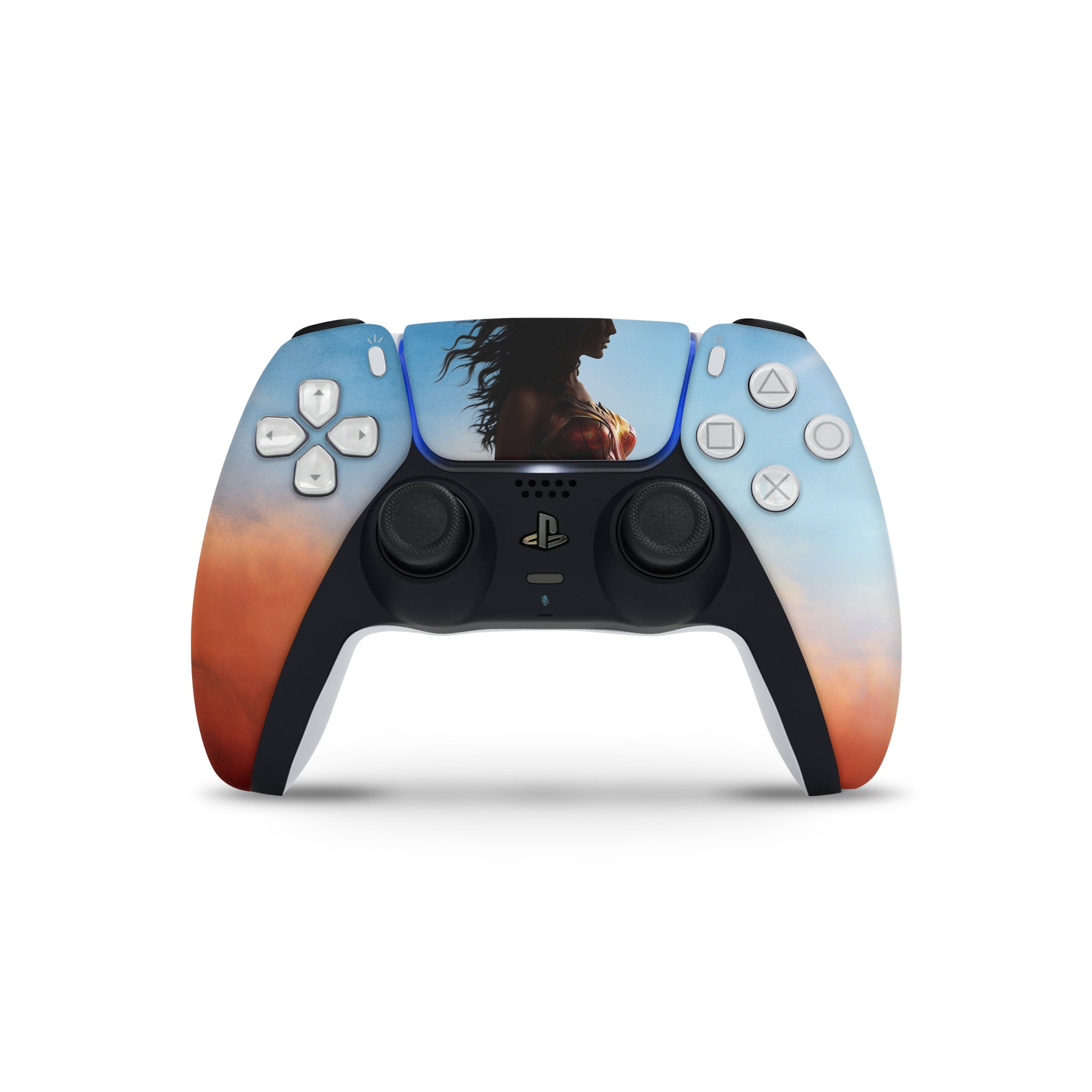 A video game skin featuring a DC Wonder Woman design for the PS5 DualSense Controller.
