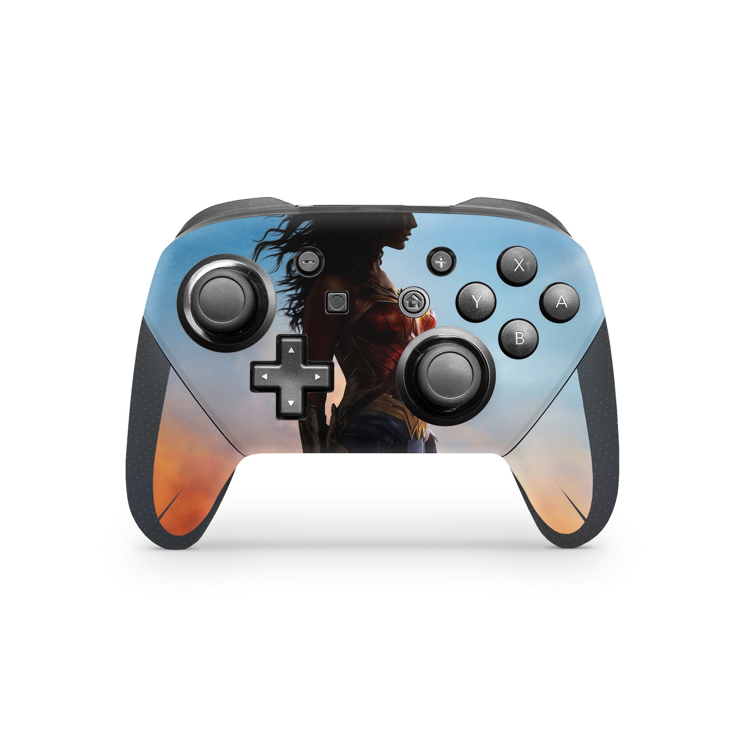 A video game skin featuring a DC Wonder Woman design for the Switch Pro Controller.