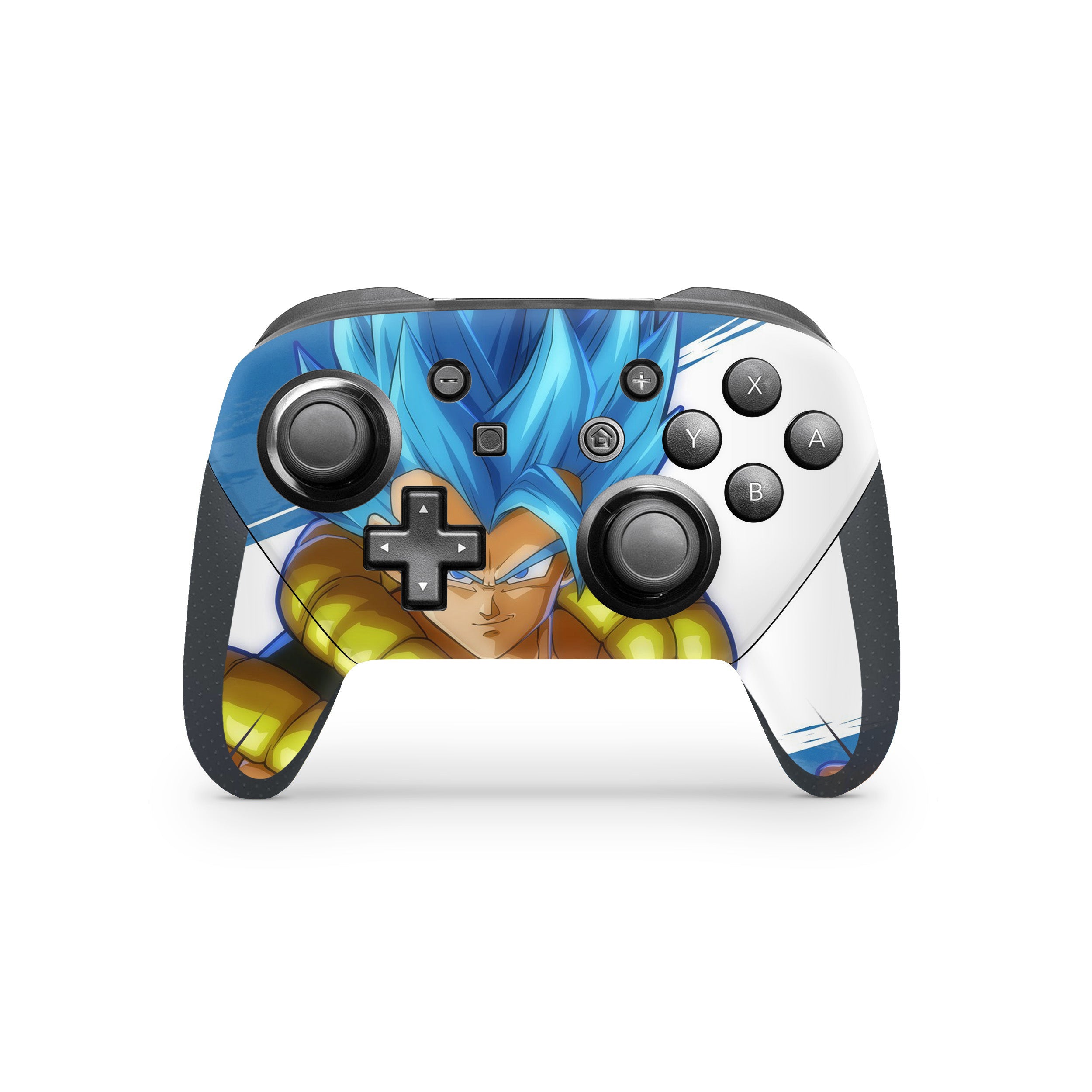 A video game skin featuring a Dragon Ball Fighterz Gogeta design for the Switch Pro Controller.