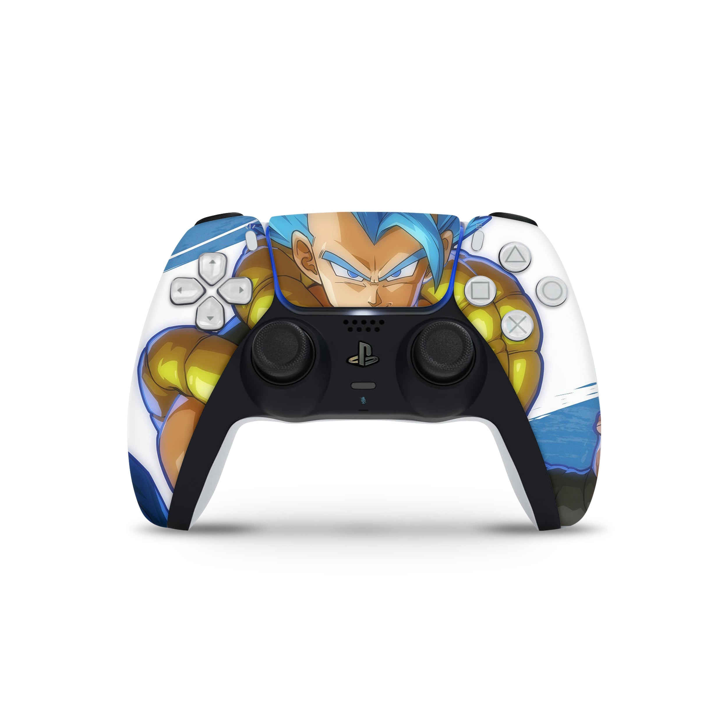 A video game skin featuring a Dragon Ball Fighterz Gogeta design for the PS5 DualSense Controller.
