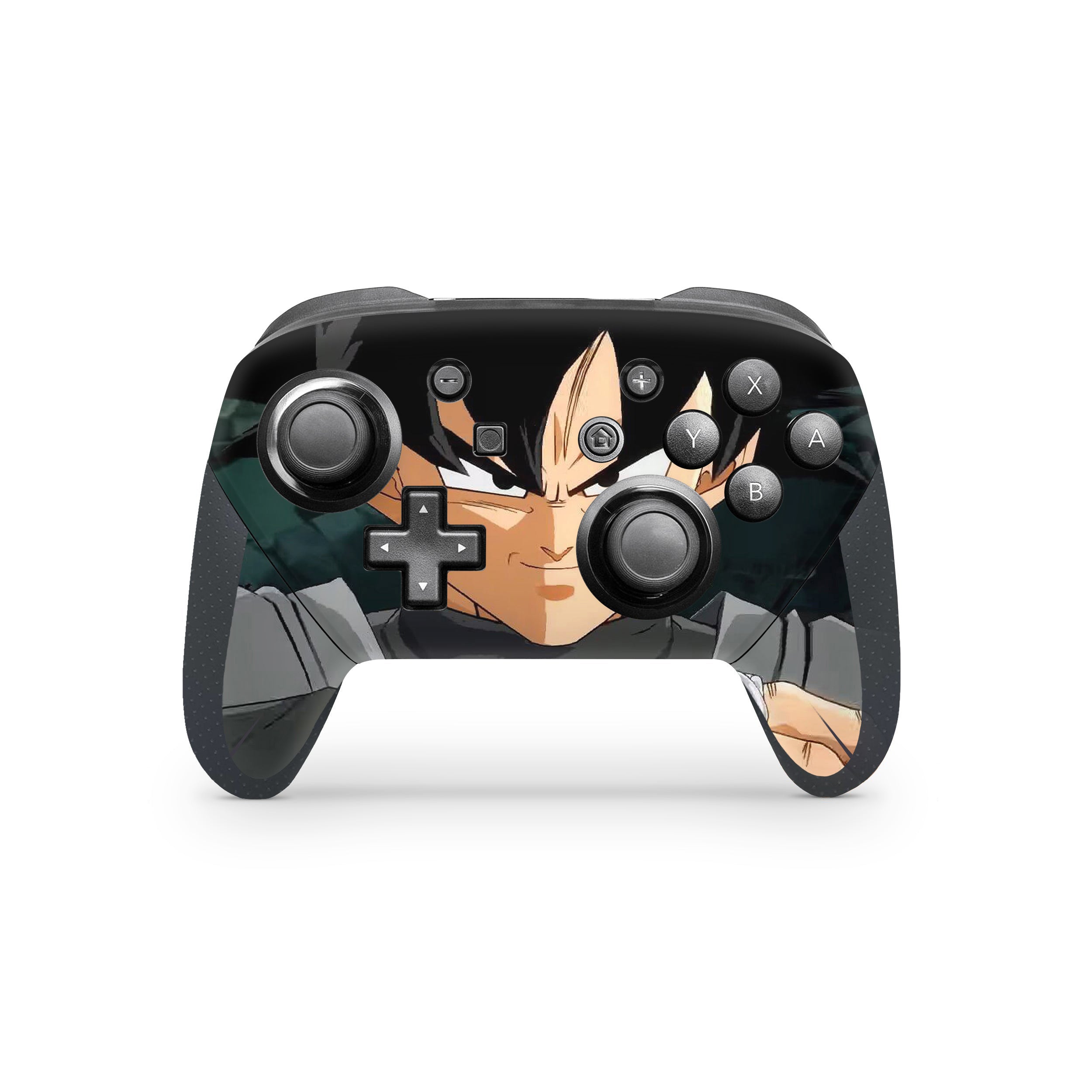 A video game skin featuring a Dragon Ball Fighterz Goku Black design for the Switch Pro Controller.