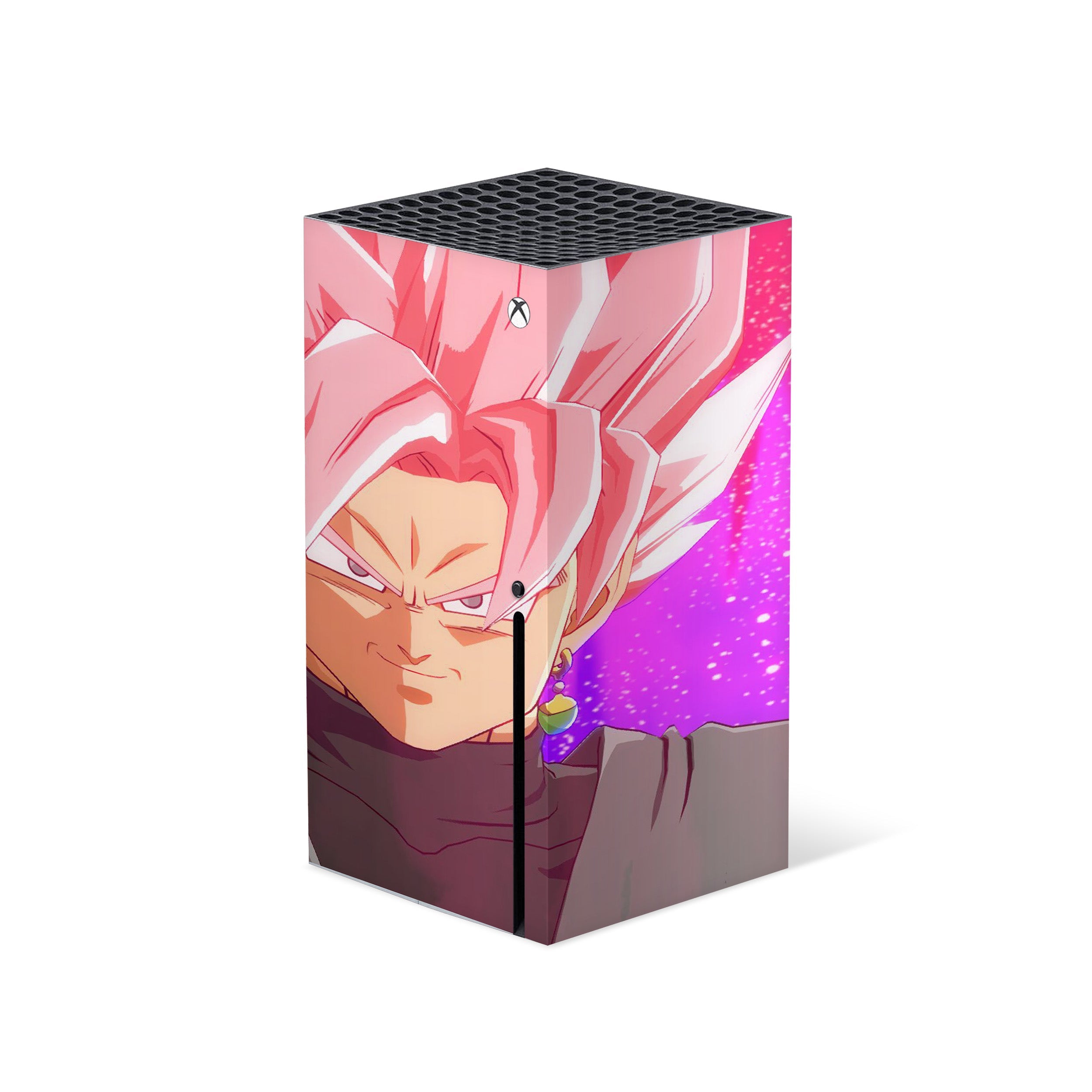 A video game skin featuring a Dragon Ball Fighterz Goku Black design for the Xbox Series X.