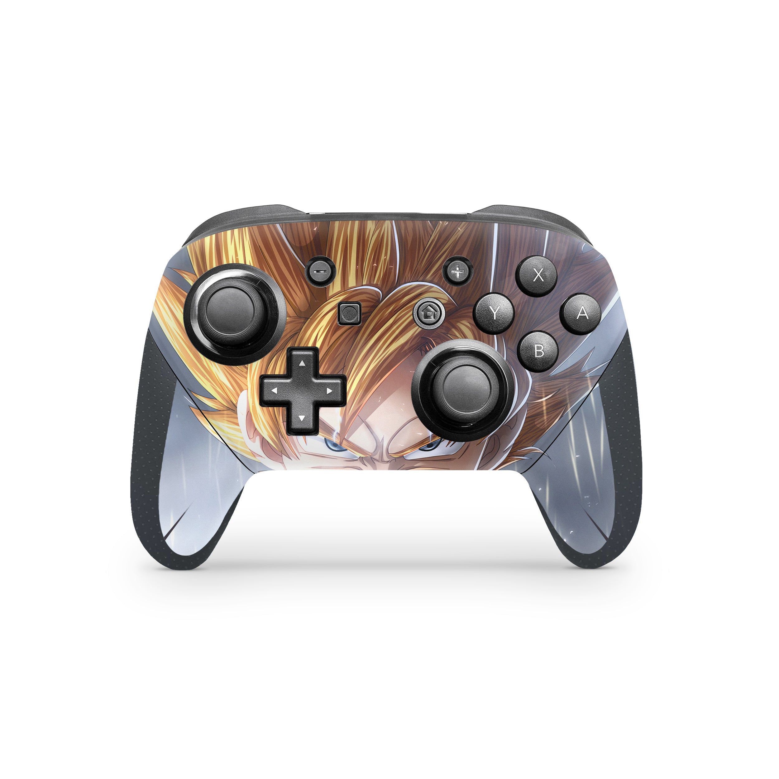 A video game skin featuring a Dragon Ball Z Goku Super Saiyan design for the Switch Pro Controller.