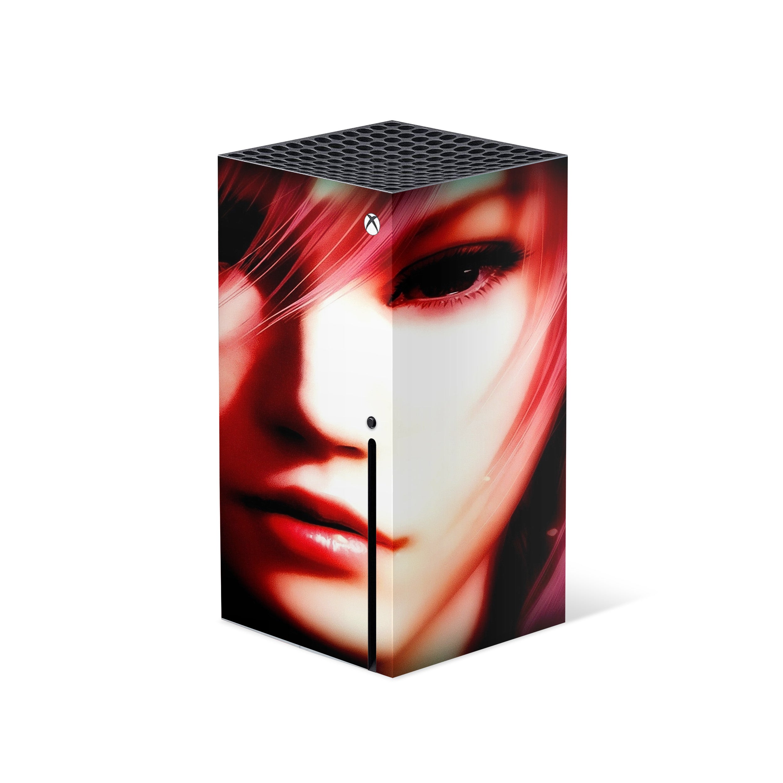 A video game skin featuring a Final Fantasy 13 Lightning design for the Xbox Series X.